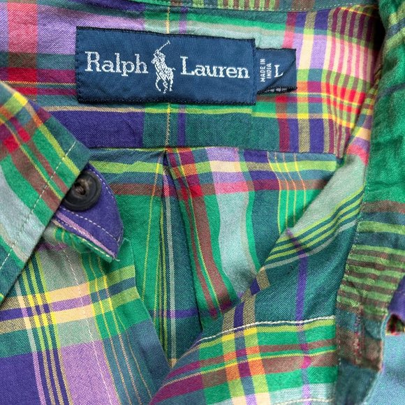 Ralph Lauren Button Down Shirt Men's L Green Colorful Plaid Preppy Casual - Picture 3 of 14